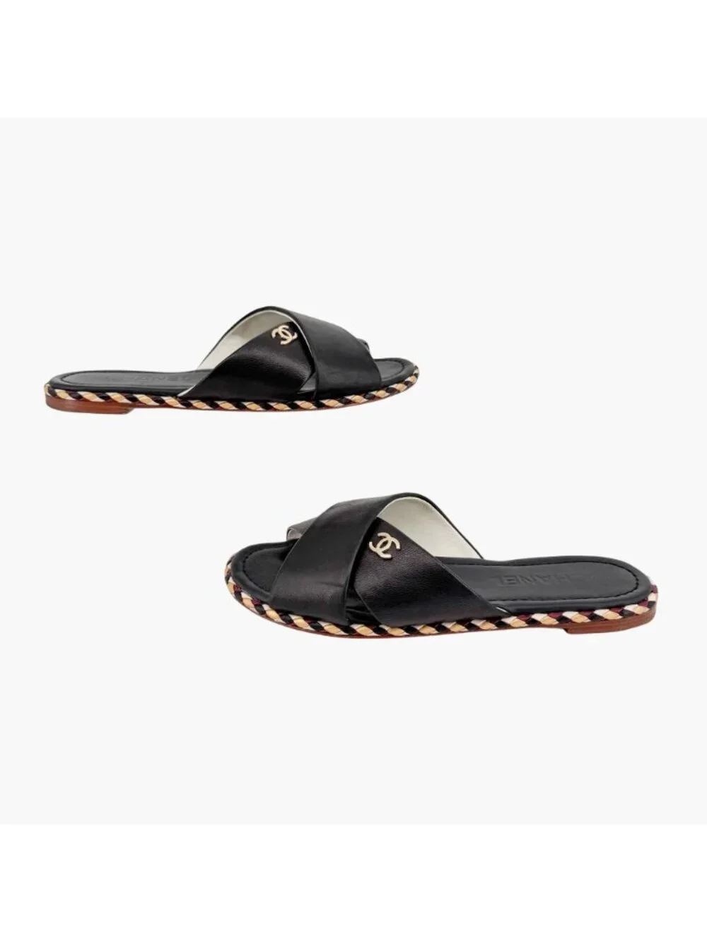 Chanel CC Braided Slide Sandals Black Leather Size 39C US 8-8.5 Wide Flat Mule